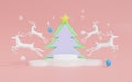 3d rendering of abstract Christmas scene pink background and white podium with white reindeer. Cute Christmas and Happy New Year
