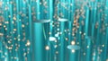 3d rendering of abstract blue metallic cylinders with floating orange embers in background and bokeh