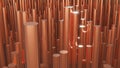 3d rendering of abstract copper metallic cylinders with floating orange embers in background and bokeh