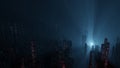 3D Rendering of abstract digital city with sky scrapping towers and glowing dots binary data in foggy ray light.