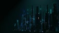 3D Rendering of abstract digital city with sky scrapping towers and glowing dots binary data in foggy ray light.
