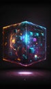 3d rendering of abstract digital cube with blue and yellow lights on black background