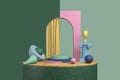 3D rendering abstract display advertising product. Colored steps pedestal in the form of arch of simple shapes with a curtain and