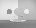 3D rendering abstract exhibition. Marble platform with a shiny silver arch and chains, decorative round elements of an different