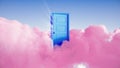 3d rendering, abstract fairytale background, light rays shining through the opening blue door, pink clouds