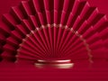 3d rendering, abstract festive red gold background with empty pedestal, fashion podium, round stage and folded paper fan