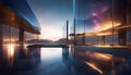 3D rendering of abstract futuristic glass concrete architecture with night lighting with concrete floor under open night sky Royalty Free Stock Photo