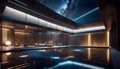 3D rendering of abstract futuristic glass concrete architecture with night lighting with concrete floor under open night sky