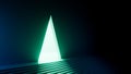 3d rendering, abstract geometric background. Triangular doorway portal glowing in the dark with magical green neon light. Modern