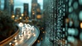 3D Rendering of abstract highway path through digital binary towers in city.