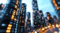 3D Rendering of abstract highway path through digital binary towers in city.