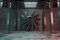 3d rendering of abstract industrial hall with iron propeller surrounded from rusty mesh and hanging chains