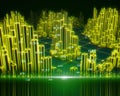 3D rendering abstract infographic with yellow outline columns and light effects. Big Data. Business and finance analytics