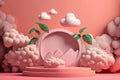3d rendering of abstract minimal geometric forms. Pink podium for your design. Cylinder stage with clouds and palm trees. Royalty Free Stock Photo