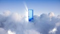 3d rendering, abstract modern background with bright light rays shining through the opening blue door in the sky with clouds, hope Royalty Free Stock Photo