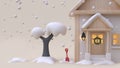 3d render abstract nature background with snow tree house wood toy cartoon style winter snow new year concept minimal cream bac