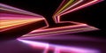 3d rendering. Abstract neon background. Fluorescent ines glowing in the dark room with floor reflection. Virtual dynamic zigzag