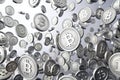 Abstract numbers Random motion in the form of coins bitcoin, gray color 3d rendering Royalty Free Stock Photo
