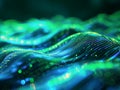 3D rendering of abstract particles wave. Futuristic wave with depth of field and bokeh. Generative AI Royalty Free Stock Photo