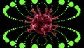 3D rendering of abstract red virus cell model floating through tunnel of electric green light dots.