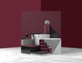 3D rendering abstract scene of product promotion. Concrete, marble black white blocks steps, primitive cylinder, balls on red