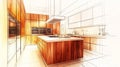 A 3D rendering of an abstract sketch of a kitchen interior presents a unique angle. Royalty Free Stock Photo