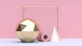3d render abstract sphere-angle soft pink cone and pink tube geometric shape form white floor minimal pink background-wall