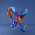 3d rendering of isolated letter. Wavy dabs of colorful paint by calligraphy brush in space. Three dimensional strokes.