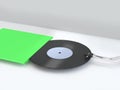 3d render abstract white scene vinyl disc-record with green blank cover-box packaging minimal cartoon style music technology conce