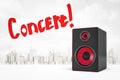 3d rendering of acoustic loudspeaker with red `Concert` sign on white city skyscrapers background Royalty Free Stock Photo