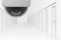 3d rendering. activated red eye Security sphere dome camera with blurred many doors room hallway background.