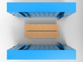 3d rendering. Aerial view of Blue lockers rows separated by wood benches