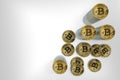 3d rendering. aerial view of golden saving crypto currency bitcoin stacks on copy space gray background