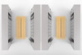 3d rendering. Aerial view of gray lockers rows separated by wood benches.