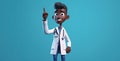 3d rendering, african cartoon character, young doctor with stethoscope and with black skin, shows index finger up