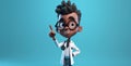 3d rendering, african cartoon character, young doctor with stethoscope and with black skin, shows index finger up.