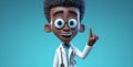 3d rendering, african cartoon character, young doctor with stethoscope and with black skin, shows index finger up