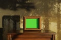 aged picture frame with green screen standing on wooden commode Royalty Free Stock Photo