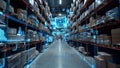 3D rendering of an AI warehouse with digital data and holographic blue light lines in the background Royalty Free Stock Photo