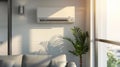 3D rendering of an air conditioner on a white wall in a living room interior Royalty Free Stock Photo