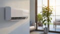 3D rendering of an air conditioner on a white wall in a living room interior Royalty Free Stock Photo