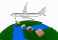 3D rendering Airplane scatters parcels over planet Earth