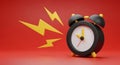 3D rendering of an alarm clock ringing with lightning bolts on red background Royalty Free Stock Photo