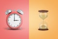 3d rendering of alarm clock and sandglass on coral and yellow background