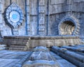 3D rendering of an alien temple, cavern, spaceship interior, or stronghold background or backdrop