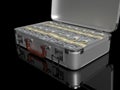 3d rendering. Aluminum case stuffed to the top with bundles of hundred dollar bills