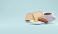 3D Rendering of American breakfast set includes hot coffee fried egg sausage and toast bread on background. Royalty Free Stock Photo