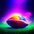 3d rendering of an american football on a green field with neon light Generative AI Royalty Free Stock Photo