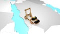 3D rendering of an ancient catapult with a barrel of oil on the territory of the Arabian Peninsula. Economic confrontation between