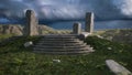 3D rendering of an ancient mystical fantasy stone circle temple in a mountain landscape under stormy sky Royalty Free Stock Photo